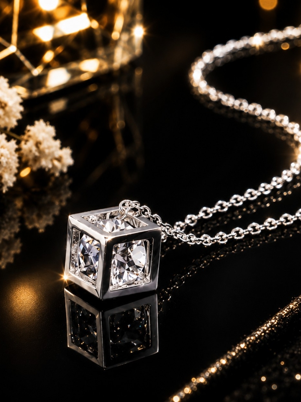 Sparkling Cube Crystal Pendant Necklace | Modern Geometric Silver Tone